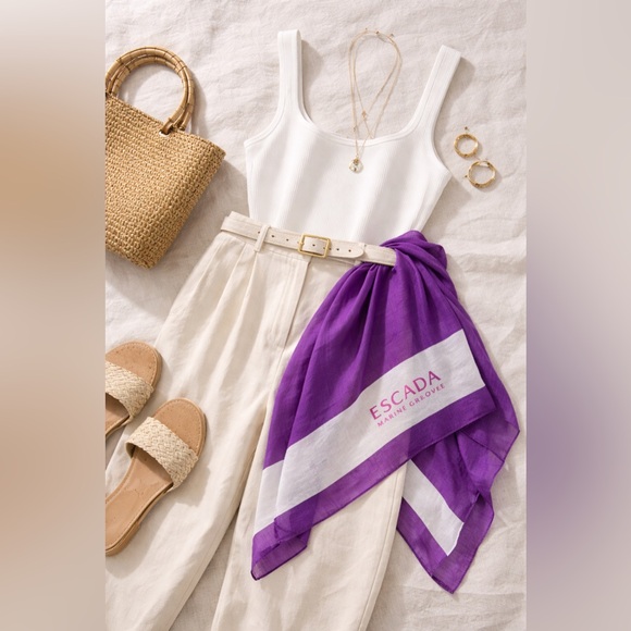Escada Marine Groove Oversized Purple Cotton Resort Scarf Wrap Y2K Designer Logo - Picture 6 of 10